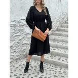 French V Neck Long Sleeve Dress Stylish Pom Detail Chic Casual Wear for Women Ready to Ship OEM