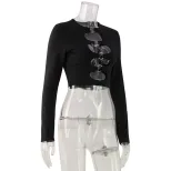 Street Style Womens Top Fashionable Solid Color Long Sleeve Hollow Design Round Neck Metallic Ri