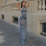 Fashionable Womens Bodycon Maxi Dress European Style Sleeveless Halter Neck Denim Patchwork Perfect for Parties