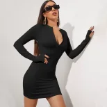 V Neck Bodycon Dress Long Sleeve Slim Fit Sexy Style Spring Summer Fashion Wholesale Available