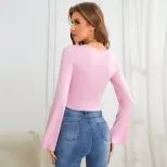 Womens Knit Long Sleeve T Shirt Slim Fit Asymmetrical Hem Heart Shaped Neckline Spring Summer Fa