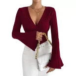 V Neck Bell Sleeve T Shirt Slim Fit Burgundy Color Spring Summer Style Wholesale Available priva