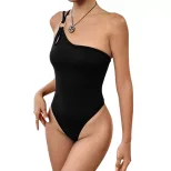 Womens One Shoulder Bodysuit Solid Color Metal Accents Hollow Design Sexy Fitted Top for Parties