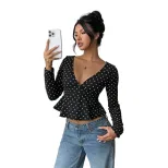 Polka Dot V Neck Long Sleeve T Shirt for Women Slim Fit Waist Cinching Lightweight Casual Wear o
