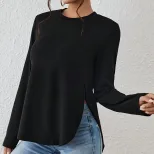 Womens Casual Loose Fit Long Sleeve T Shirt Round Neck Side Slit Versatile Style Autumn Winter C