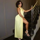 Casual Backless Dress Ruffled Bodycon Fit V Neck Solid Color Ideal for Home Wear or Relaxed Outi