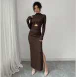 Elegant Long Sleeve Bodycon Dress Sexy Side Slit Waist Cutout Mid Length Spring Summer Fashion W