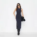 Knot Detail Bodycon Dress Sleeveless Round Neck Side Slit Knitted Fabric Elegant Style Perfect f