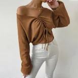 Loose Fit V Neck Long Sleeve T Shirt Casual Waffle Fabric Drawstring Detail Cropped Style Spring