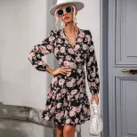 Vintage Floral Ruffle Hem Dress Lantern Sleeve V Neck Autumn Style Perfect for Casual Outings OE