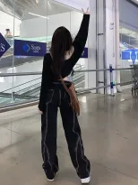 美式高街牛仔裤女2023春季新款分割线直筒宽松阔腿垂感拖地长裤潮