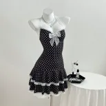Lace Trim Polka Dot A Line Dress Adjustable Spaghetti Straps Waist Cinching Elegant Style Perfec