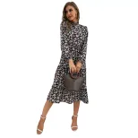 Long Sleeve High Neck Pleated Floral Dress for Women Black Autumn Winter Fashion