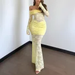 Off Shoulder Lace Trimmed Bodycon Dress Long Sleeve Ruffled Design Elegant Style Perfect for Aut