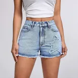 Casual Womens Denim Shorts Star Print Frayed Hem Stylish Design Summer Wear Wholesale Available