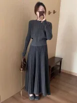 High Waist Pleated Knit Two Piece Set for Women Casual Chic Style Available in Gray White and Black Wholesale Ready
