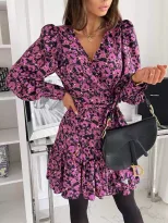 Plaid Floral Print Long Sleeve Dress Autumn Winter Style Casual Wear Ready to Ship fast shipping