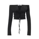 Womens Long Sleeve Off Shoulder Crop Top Solid Color Hollow Out Lace Up Design Trendy Autumn Fas