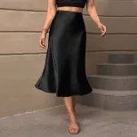 Elegant A Line Satin Midi Skirt Solid Color Autumn Winter Collection Perfect for Casual or Forma