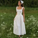 Elegant French Style Summer Dress for Women Square Neck Ruffled Hem Slim Fit Adjustable Straps P