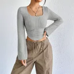 Fashionable Elegant Womens T Shirt Square Neck Flared Long Sleeves Spring Summer Style Wholesale
