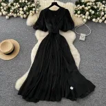 Elegant Puff Sleeve Maxi Dress for Women V Neck High Waist Design Summer Evening Wear