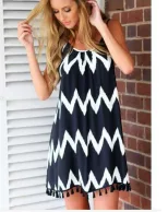 Backless Wave Pattern Maxi Dress Tassel Detail Sleeveless Lightweight Fabric Beachwear for Summe
