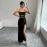 Lace Cutout Sexy Maxi Dress Summer Elegant Black Sleeveless Minimalist Style Wholesale Available