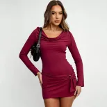 Elegant Wine Red Long Sleeve Bodycon Dress with Ruffled Neckline Chic Design for Spring Summer W