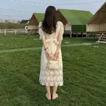 Lace Dress for Women Puff Sleeve High Waist A Line Design Elegant Short Sleeve for Summer