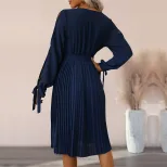 Womens Long Sleeve Hollow Out Dress Solid Color V Neck European and American Design Perfect for