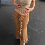 French Style Ruffled Hem Midi Skirt Low Waist Pleated Design Elegant Fit Perfect for Autumn Fash