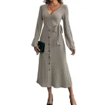 Knit Midi Dress Solid Color A Line Long Sleeve Comfortable Fabric Autumn Winter Fashion Wholesal