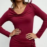 Elegant Wine Red Long Sleeve Bodycon Dress with Ruffled Neckline Chic Design for Spring Summer W