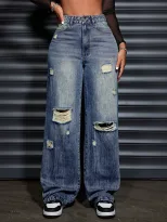 Womens Casual Loose Straight Leg Ripped Denim Jeans Comfortable Fit Stylish Design Versatile for
