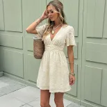 V Neck Short Dress Solid Color Jacquard Fabric Waist Defined Casual Wear for Young Women OEM Ava
