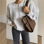 Womens Vintage Grey Wool Cardigan Soft Knit Versatile Button Closure Casual Wear Fall Winter Who