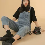 2022春秋新款时尚网红牛仔背带裤女韩版宽松港味复古连体裤九分裤