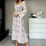 Lace V Neck Hollow Out Dress Elegant Fit Spring Summer Style Slimming Design Wholesale Available
