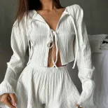 Summer Casual Two Piece Set Loose Fit Cardigan Top with Drawstring and Shorts Comfortable Home W