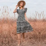 Vintage Floral Ruffle Hem Dress Slim Fit Bohemian Style Summer Wear Available for Wholesale OEM