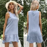 Sleeveless Ruffle Hem Dress Round Neck Polka Dot Pattern Summer Casual Wear Available in Blue Wholesale Sizes S