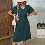 Womens Vintage Pleated Dress Dark Green Elegant Fit Summer Occasion private label