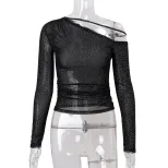 Y2K Style Womens Long Sleeve T Shirt Slim Fit Asymmetrical Shoulder Design Rhinestone Detail Spr