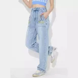 High Waisted Embroidered Wide Leg Jeans Loose Fit Denim Fabric Casual Style Ready to Ship factor