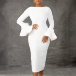 Fashionable Solid Color Bodycon Dress with Flared Sleeves Womens Winter Collection Office Wear W