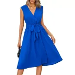 Elegant V Neck A Line Dress Waist Tie Flattering Fit Lightweight Fabric Summer Occasion Wholesal