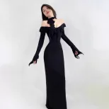 Elegant Long Sleeve Bodycon Dress Off Shoulder Design Fringe Detail High Waist Flared Sleeves Pe