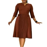 Plus Size Womens Dress Solid Color Fashionable Pleated Three Quarter Sleeve Suitable for Casual Occasions Wholesale