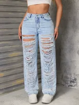 High Waisted Flare Jeans Ripped Design Stretch Fabric Casual Style Womens Fashion for Spring and